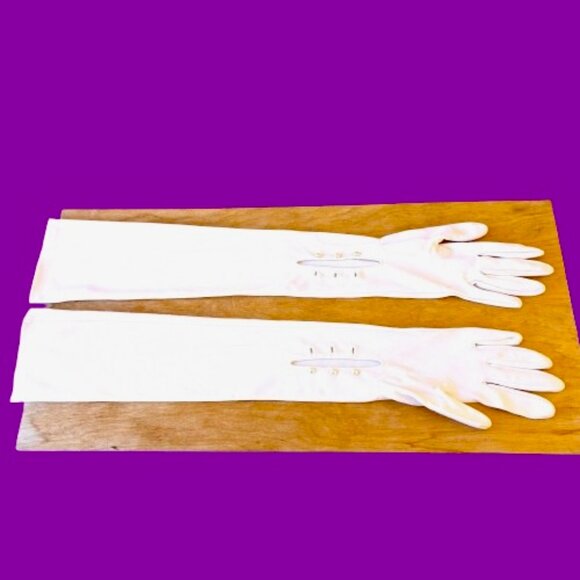 Vintage Opera Gloves White Nylon Stretch Long Formal Buttons 23" Long Size 8 - Picture 1 of 9